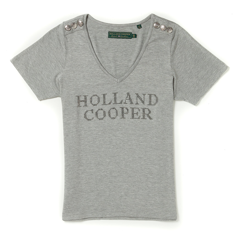 Holland Cooper Diamante Vee Neck Tee - Grey Marl-1